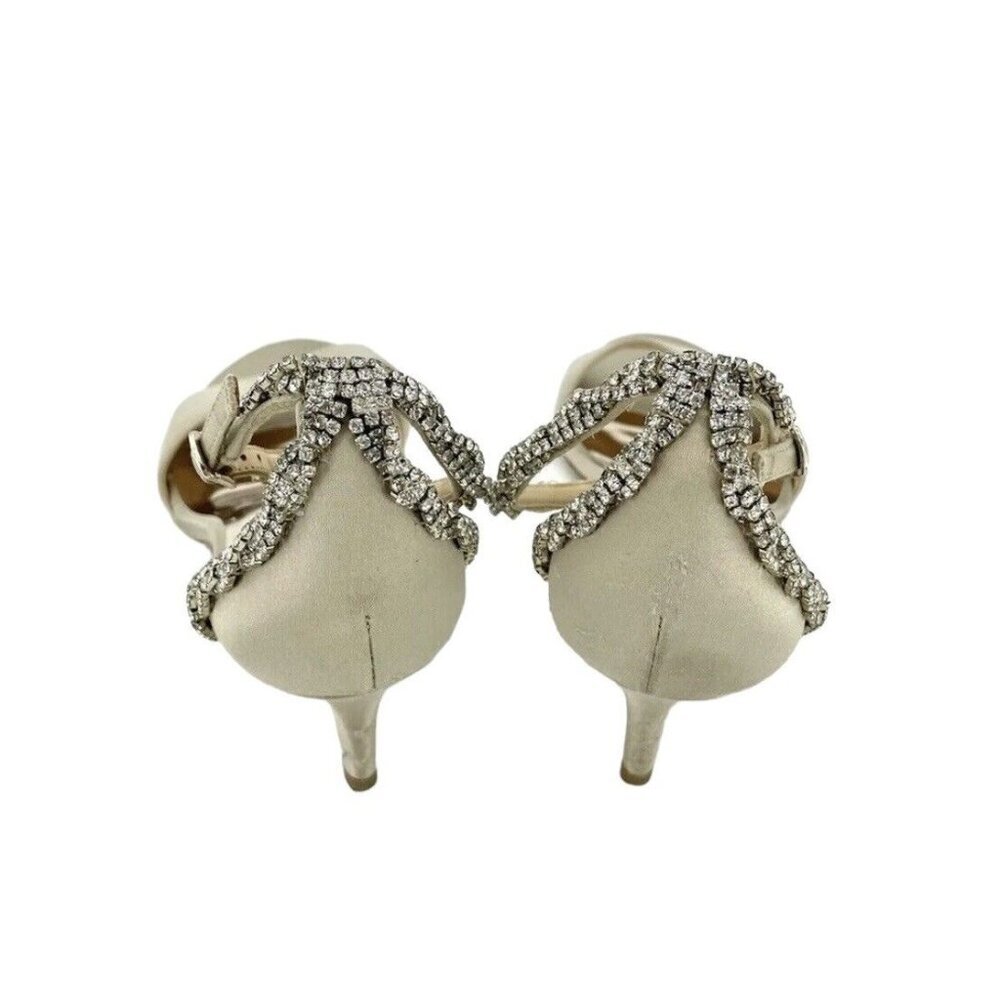 Badgley Mischka Yareli Beige Satin Kitten Heel Rhinestone Sandals SZ 7.5 - Picture 5 of 12